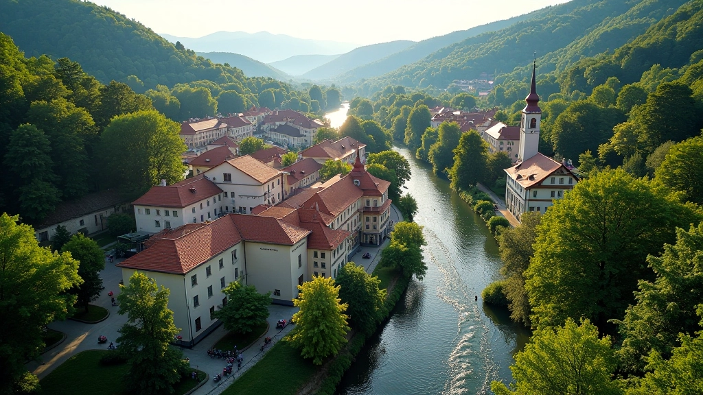Letecký pohled na Karlovy Vary s kolonádami a údolím řeky Ohře