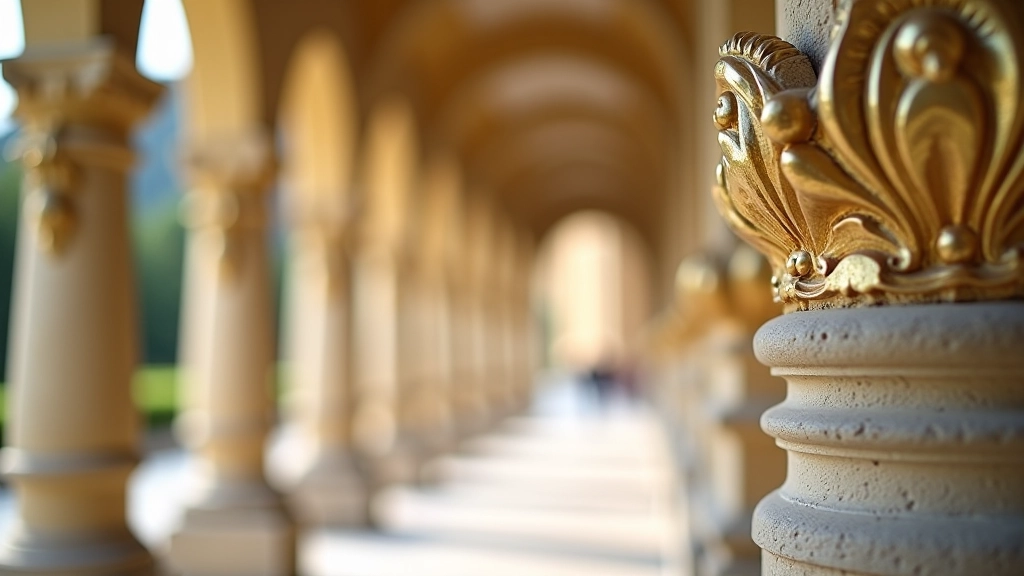 Detailní pohled na architektonické prvky a dekorativní prvky kolonády