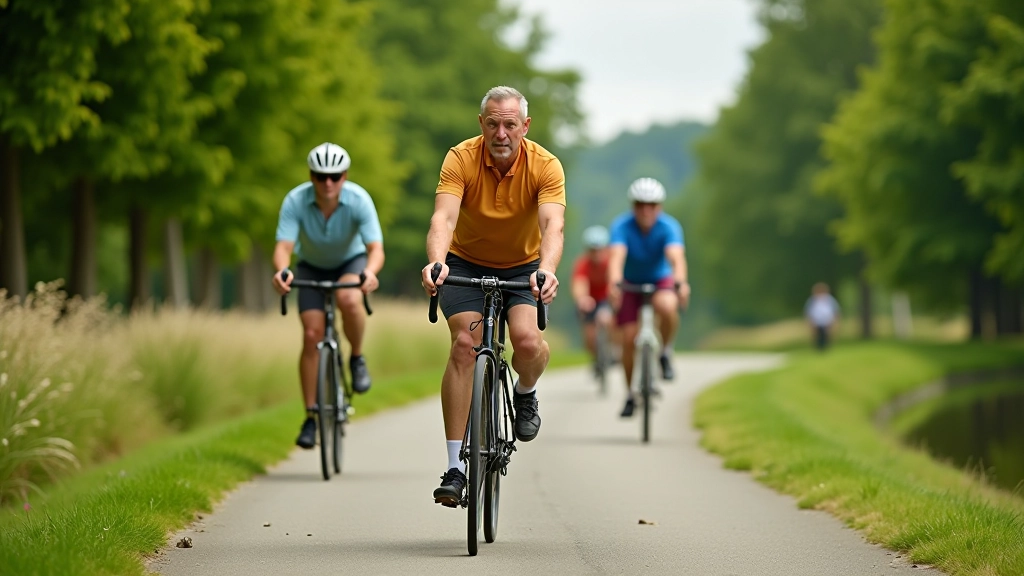 Skupina cyklistů si užívá jízdu na řečních stezkách během slunečného dne, s řekou v pozadí